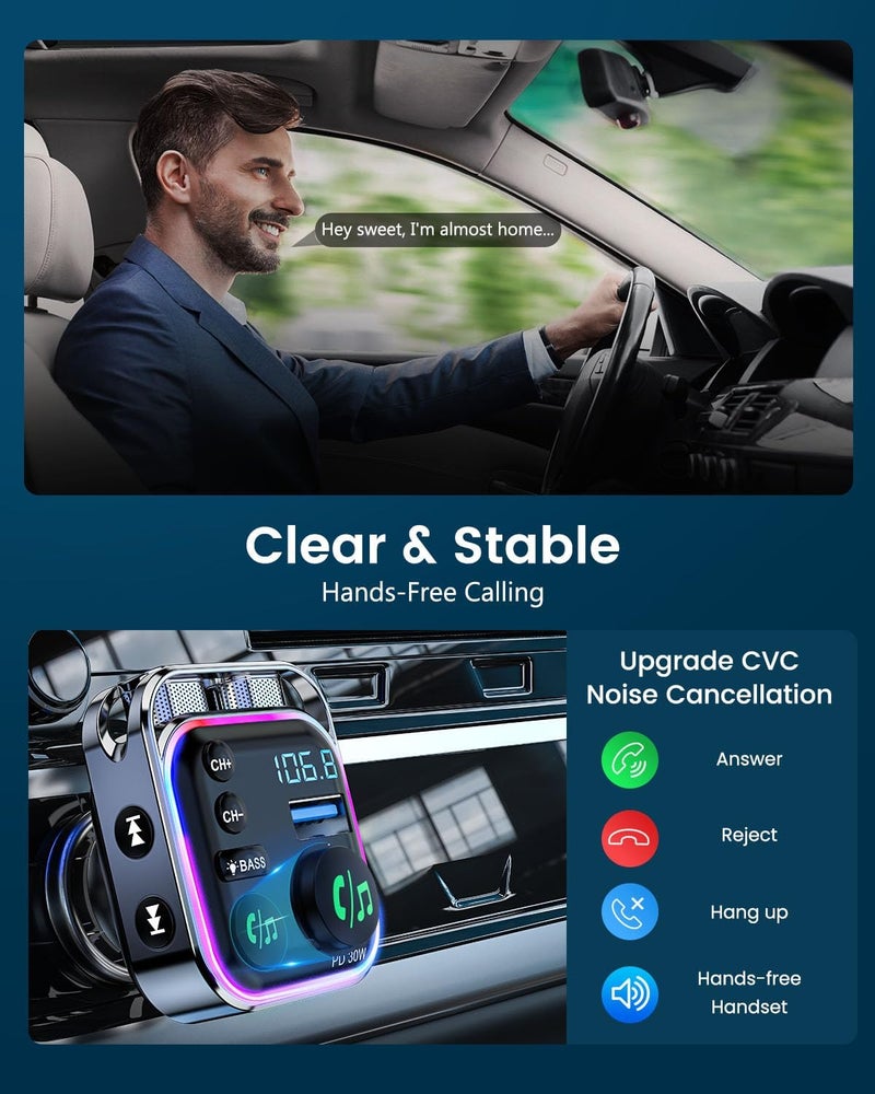 Lencent Bluetooth 5.3 FM Transmitter Car Adapter 48W (PD30W & QC18W) Fast Charger, Light Switch, HiFi Bass Sound Audio Receiver Wireless Radio MP3 Music Player, Hands-Free Calling, Support USB Drive - Image 4